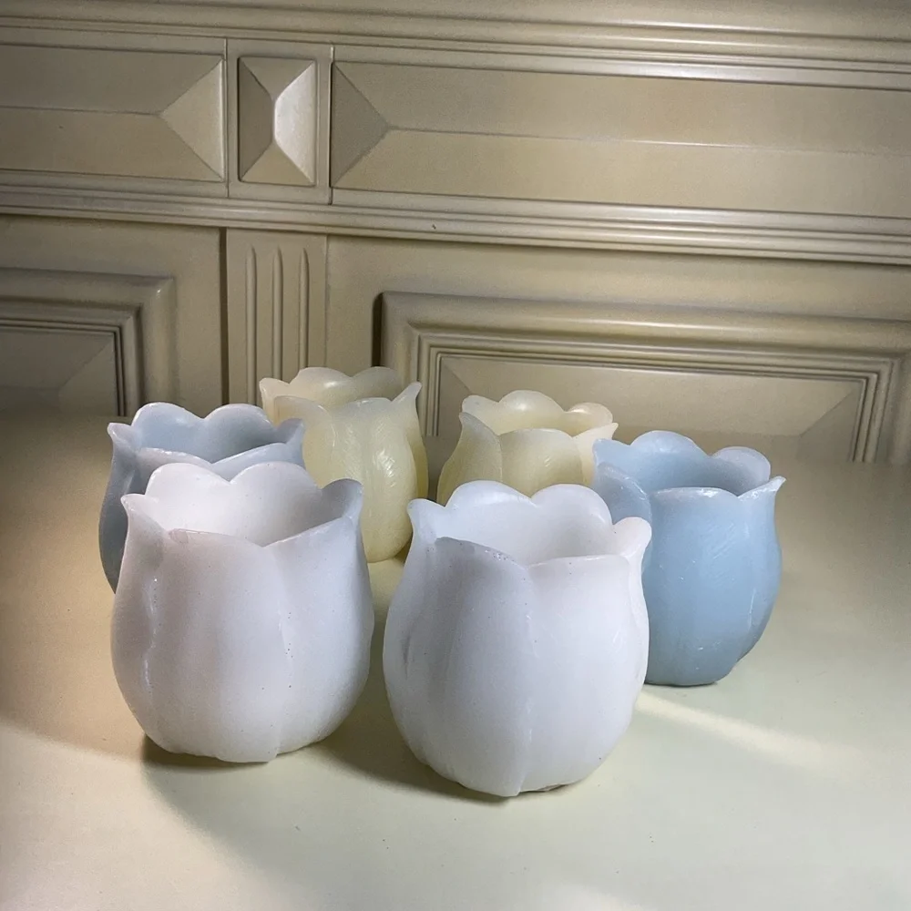 Set of 6 Tulip Flameless LED Tea Light Candles Pastel Blue White Yellow Spring